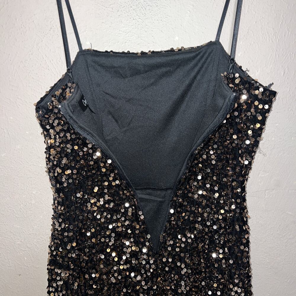 Crystal Sky Gold Sequin Mini Dress XS Black Metallic Spaghetti Strap Party Glam - Picture 10 of 14